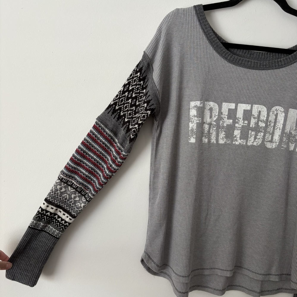 We the Free Waffle Knit Thermal Top Sz L Freedom Graphic Elbow Patches Boho USA - Picture 6 of 11